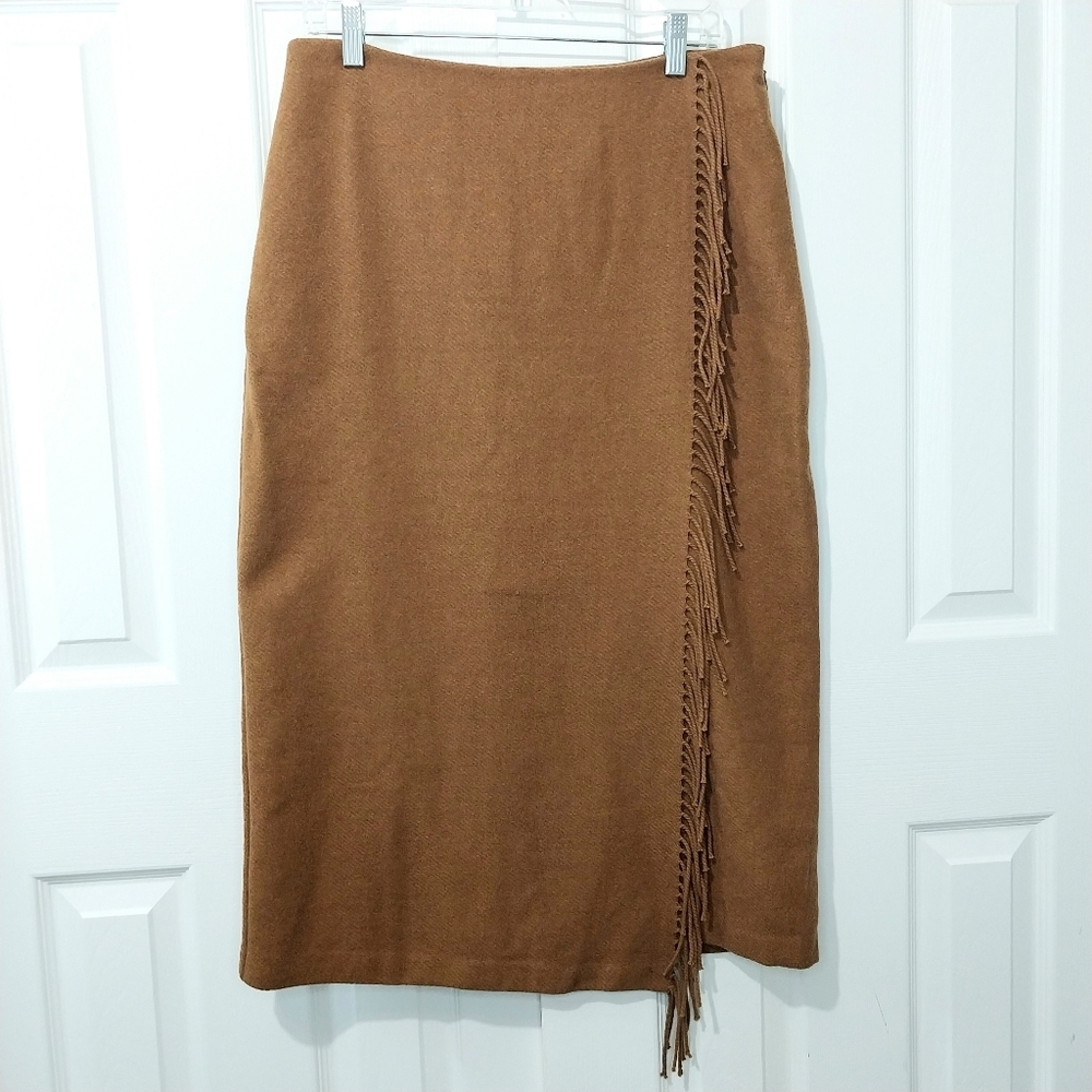 Loft‎ Fringe Wool Faux-Wrap Skirt, Size 10